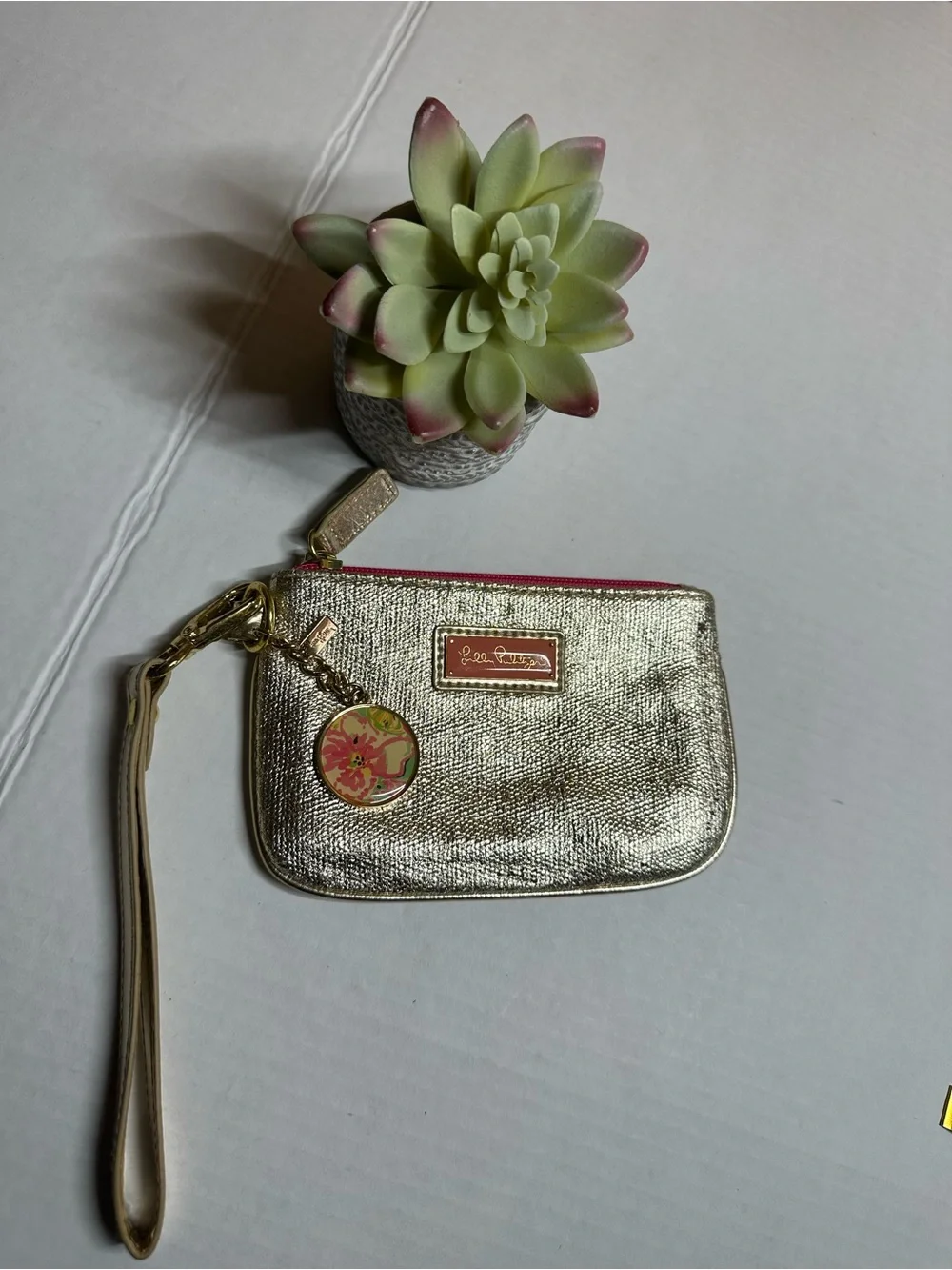Gold Wristlet Coin Purse with Floral Charm